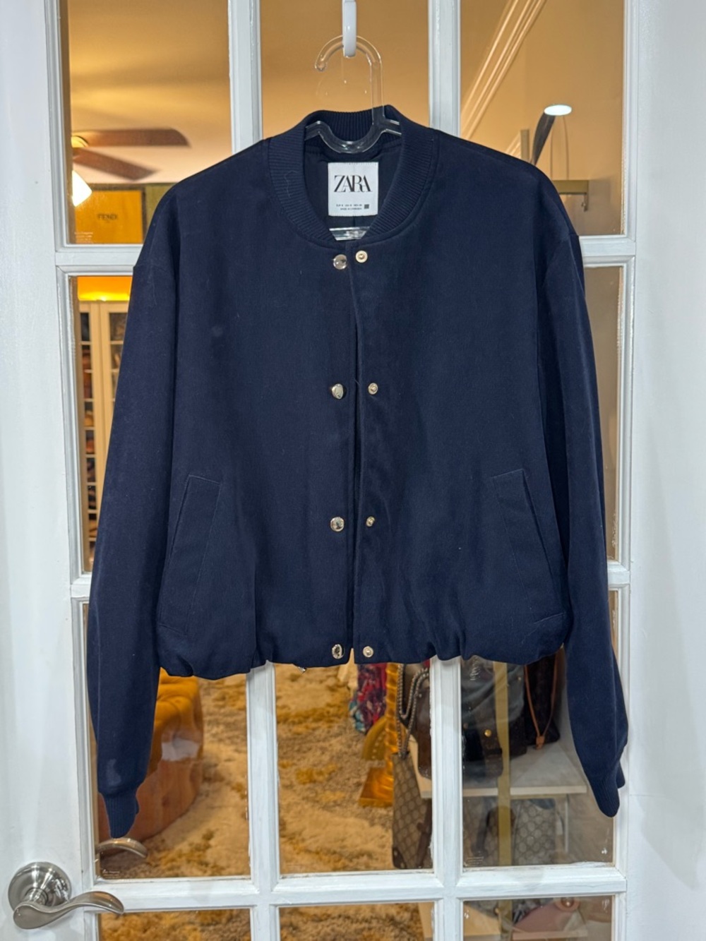 ZARA Navy Textured Bomber Jacket with Drawstring Hem - Picture 3 of 10